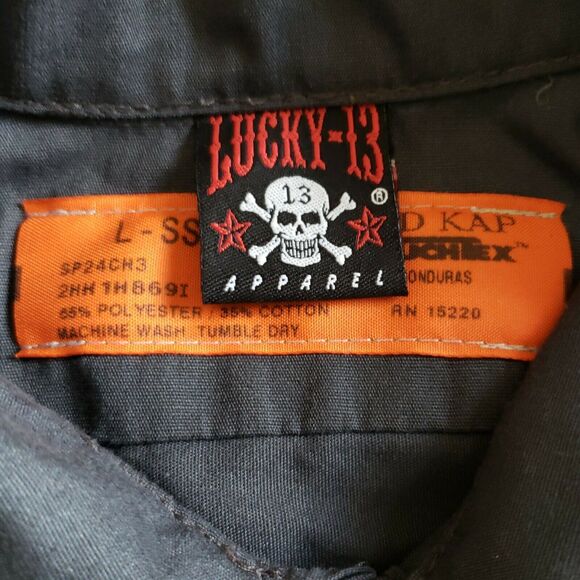 LUCKY 13 THIRTEEN button down short sleeve casual gray work shirt Momento Mori L - Picture 6 of 8